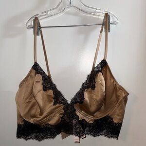 Victoria’s Secret Elegant Lace Trim Satin Bralette - Tan & Black Size XXL